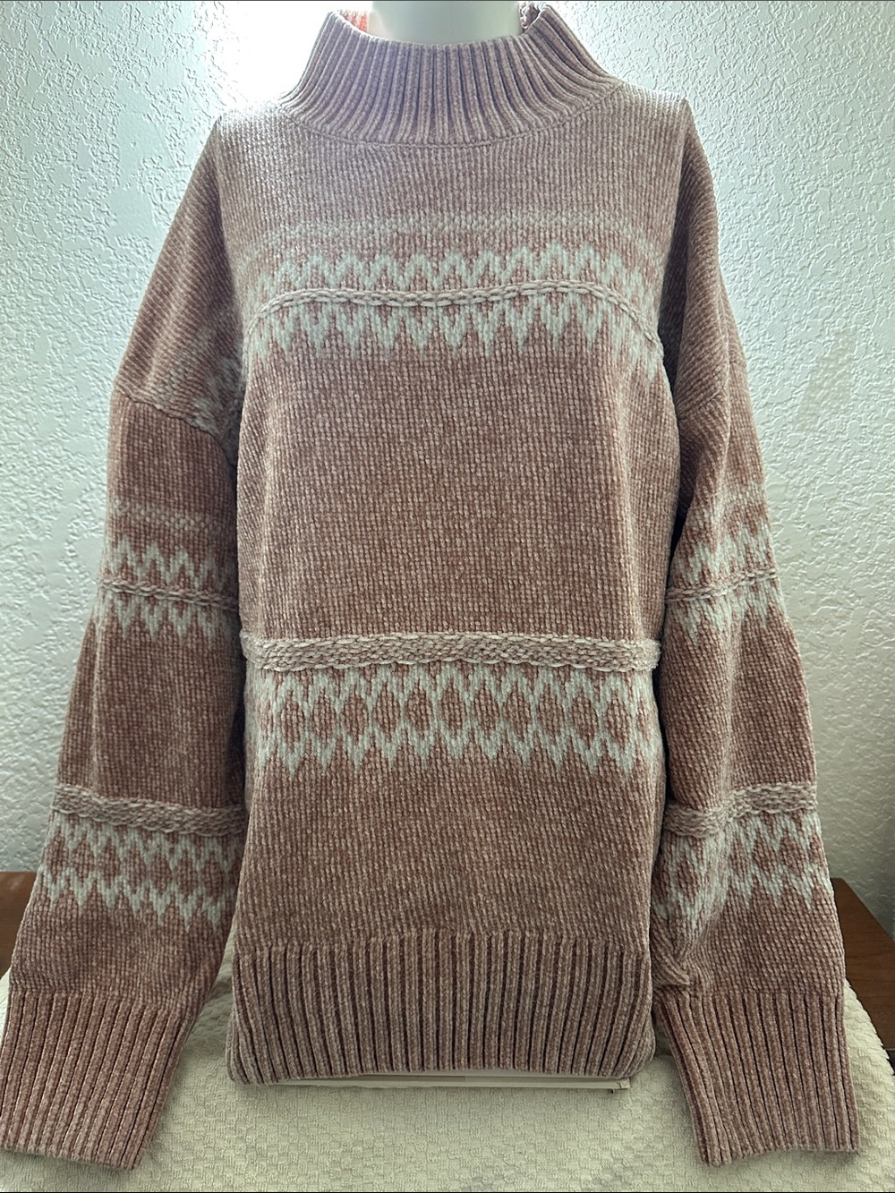 Cozy Mock Neck Fair Isle Sweater - Dusty Rose/Cream